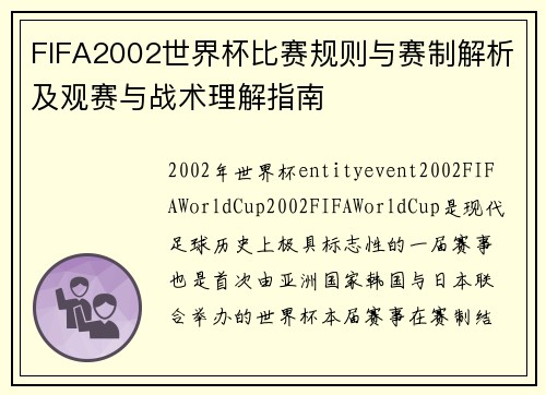 FIFA2002世界杯比赛规则与赛制解析及观赛与战术理解指南
